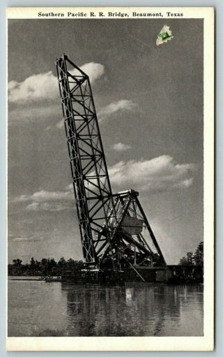 Beaumont Texas Southern Pacific Railroad Lift Bridge Up 1940s B&w Postcard