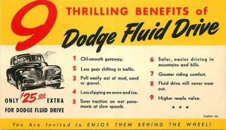 Advertising Postcard - Benefits Of Dodge Fluid Drive - Circa 1940