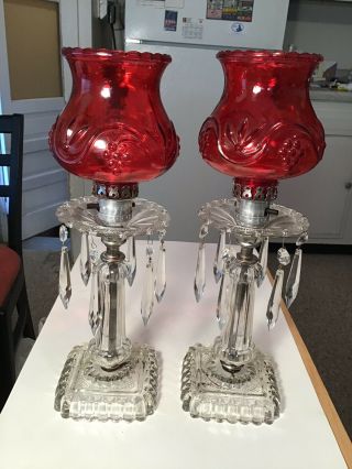 2 - Antique Clear Pressed Glass Table Lamps With Ruby Red Shades W/glass Prisms
