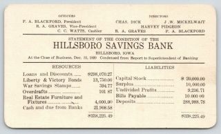 Hillsboro Iowa Savings Bank 1920 Report Card Mickelwait War Savings Stamps $395