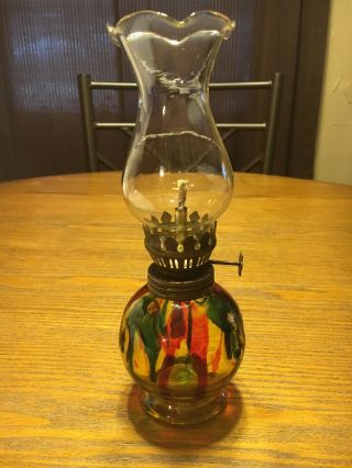 Vintage Miniature Oil Lamp.  Red & Green Glass.  Made In Hong Kong.  Bubbly Glass.
