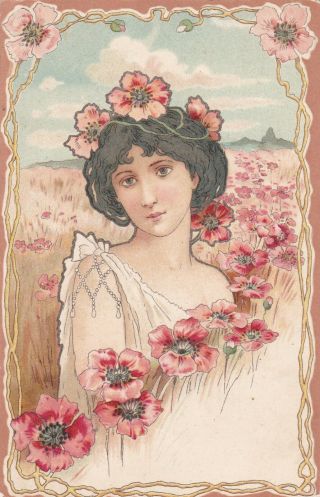 1900s Art Nouveau Mucha Style Girl In Poppy Flowers Old German Antique Postcard