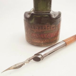 Glass Ink Bottle Muller F Calligraphy Dip Pen Brause Nib Fountain Vintage