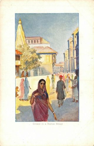 India Ethnic Crowd In Native Street Lady In Sari Art Drawn Card