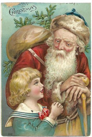 Antique Postcard Santa Claus Little Girl Blue Hat Embossed 1908