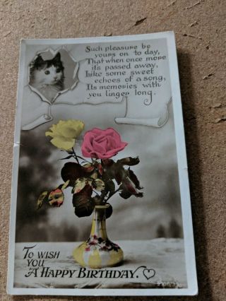 Cat Vintage Postcard.  Rppc.  Kitten.  Birthday.  Flowers.  Pm 1932.  British.
