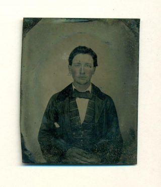 Ca.  1858 Early Tintype Portrait Young Man Suit & Bow Tie On Neff Patent Plate