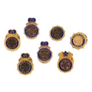 Set Of 7 American Legion Lapel Pins - 1/10 10k Gold & Gold Toned Badges Enamel
