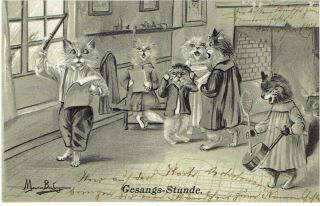 M Boulanger Artist Signed Old Postcard Anthropomorphic Cats Singing 1911