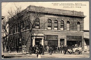 Ansley,  Nebraska 1910 Vintage Ppc - First National Bank And Steinmeier Building