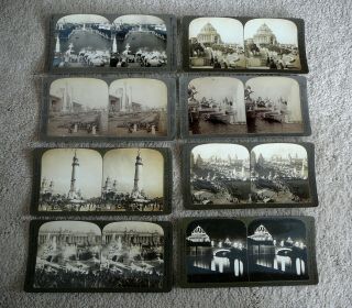1904 St Louis Worlds Fair - Eight Black & White Real Photo Stereoview Cards Gd