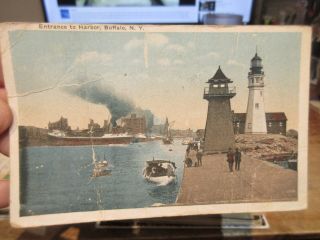 Vintage Old Postcard York Buffalo Lake Erie Harbor Lighthouse Ship Boat Dock
