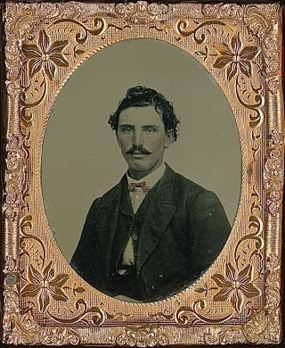 Handsome Young Gentleman With Mustache Red Tinted Bow Tie 1/9 Plate Tintype T129