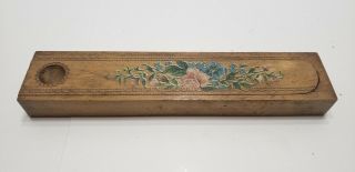 Vintage Wooden School Pencil Box Pencil Case Decorated By Flowers - Antique