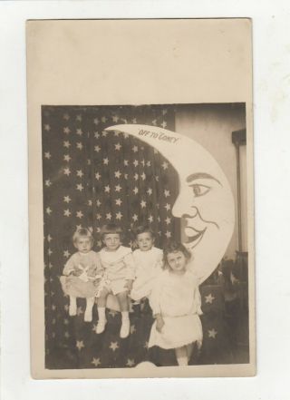 Rppc Four Childern On Paper Moon.  Off To Coney