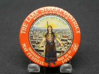Antique Pin Back Button Lake St.  District May Festival Minneapolis 1913 Souvenir