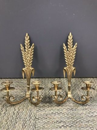 Vintage Brass Wheat Wall Sconces Pair,  Candle Holder,  13.  5” Tall