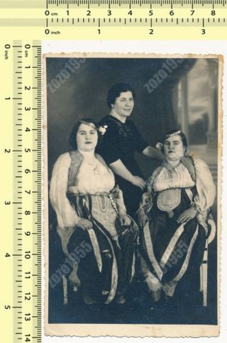 Three Females Women In National Costume Old Photo Snapshot