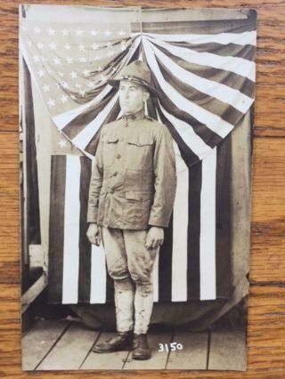 Antique Real Photo Postcard Rppc Ww1 Soldier In Uniform American Flag Pose