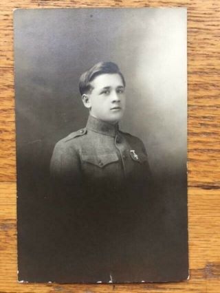 Antique Real Photo Postcard RPPC Handsome Young Man WW1 Soldier Uniform Medal 2