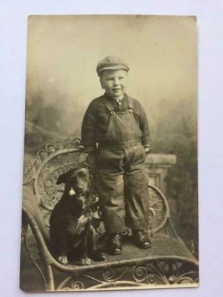 Antique Rppc Real Photo Postcard Cute Little Boy Overalls Black Puppy Dog