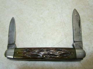 Vintage Queen Double Blade Pocket Knife W/ Bone Handle Crown W Q Symbol Ll161