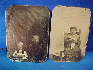2 - 1870s Era Tintype Photo W Young Girls Holding Toy Dolls