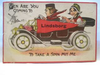 1913 Pennant Postcard Ven Are You Coming To Lindsborg Ks Take A Spin With Me Car