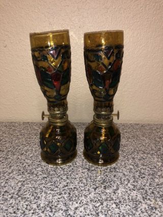 2 Vintage Amber Glass Oil Lamp 8.  74” Tall Color Stain Glass Accents Hong Kong
