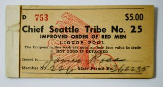 Improved Orrder Of Red Men Chief Seattle Tribe Liquor Pool Club Coupons Vtg 50 