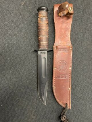 Ka - Bar Usmc Leather Handle Knife With Leather Sheath