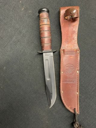 Ka - bar USMC Leather Handle Knife with Leather Sheath 2