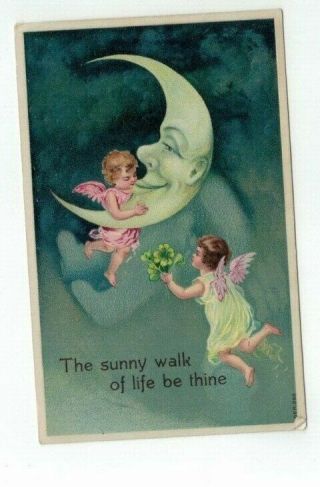 Fantastic Antique 1909 Embossed Greetings Post Card Winged Cherubs Smiling Moon