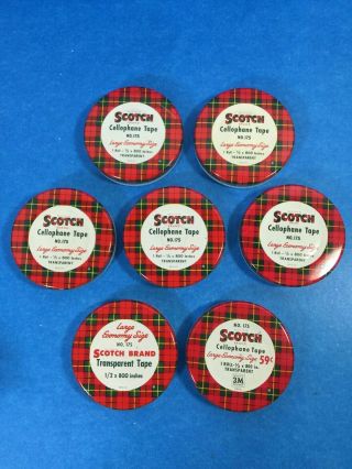 7 Vintage Plaid Metal Scotch Cellophane Tape Canisters " Large Economy Size "