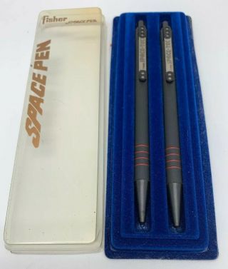 2 Fisher Space Pen Medium Point Black Rubber Coated With Metal Clip With Case