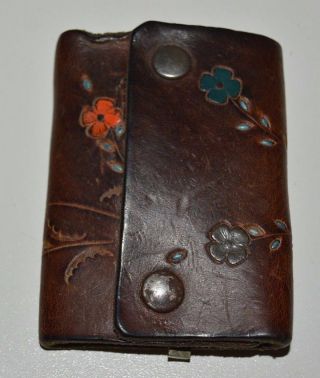 Vintage Aged Brown Leather 1970s Floral Hippie Boho Key Chain Case W/ Keys Rare