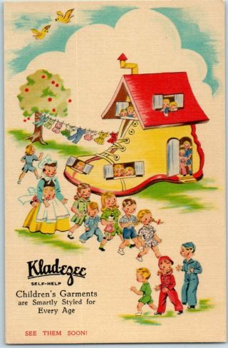 Vintage Linen Advertising Postcard Born Clothes " Suits For Summer " Curteich 1944