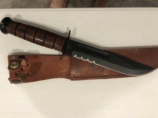 Ka - Bar 1218 Stacked Leather Full Size Serrated Usmc Fighting Knife,  Sheath