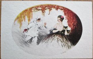 Hardy/artist - Signed 1920s Art Deco Postcard: Woman & Pierrot Clown,  Masquerade