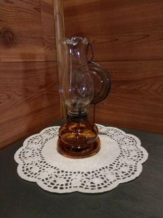 Small Vintage " Patio " Amber Glass Oil Lamp With Reflector & Clear Chimney