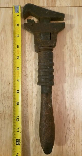 Antique 1800s 13 " Unique Wood Handle Adjustable Pipe Monkey Wrench Bemis & Call