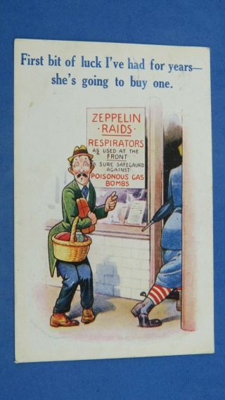 Ww1 Military Comic Postcard 1915 Zeppelin Airship Air Raid Gas Mask Bomb Theme