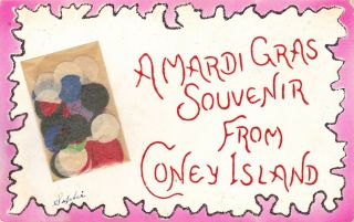 Old Rare Coney Island Ny Postcard Mardi Gras Souvenir 1907 Add On Confetti Pack