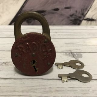 Antique Radio Embossed Red Padlock Old Vintage Lock With 2 Keys