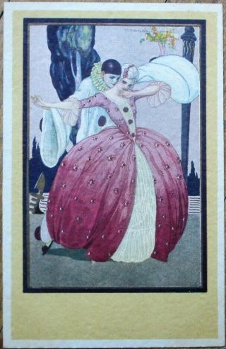 Corbella/artist - Signed 1920 Art Deco Postcard: Pierrot Clown & Woman Dancing