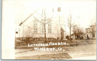 Minerva,  Ohio Rppc Real Photo Postcard Lutheran Church Street View 1916 Cancel