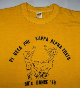Vintage Mens M 1979 70s Pi Beta Phi Kappa Alpha Theta Fraternity Yellow T - Shirt
