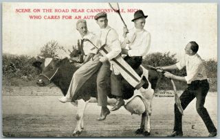 Cannonsville Mi Boys W/ Cow Antique Postcard Who Cares For An Auto Photomontage