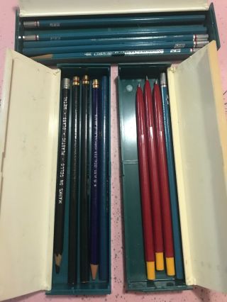 3 Vintage Turquoise Eagle Plastic Pencil Cases Box Drawing Drafting 11 Pencils 4