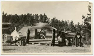 Building A Log Cabin,  Old Car,  Pine Trees Vintage Photo